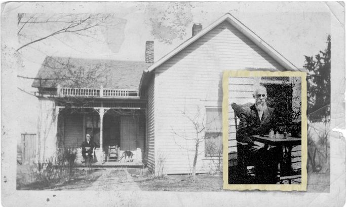 Large photo - Doc sitting on his front porch. Inset photo - Doc at his table with medicine bottles