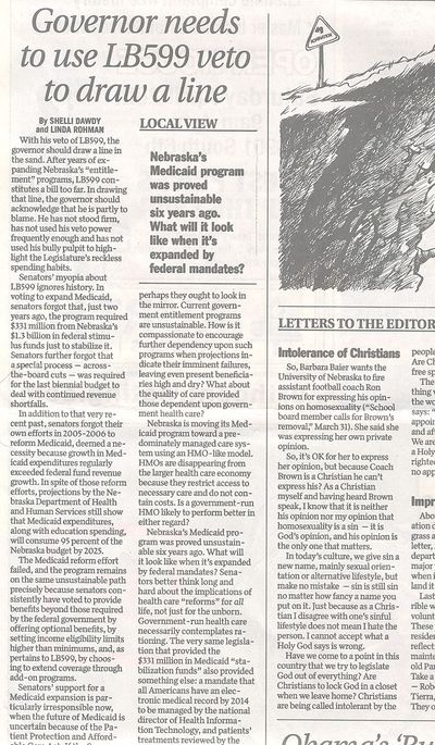 Local View column "Governor needs to use LB599 veto to draw a line"