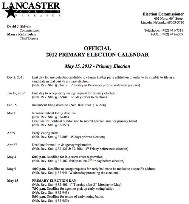 2012 Lancaster County Primary Calendar