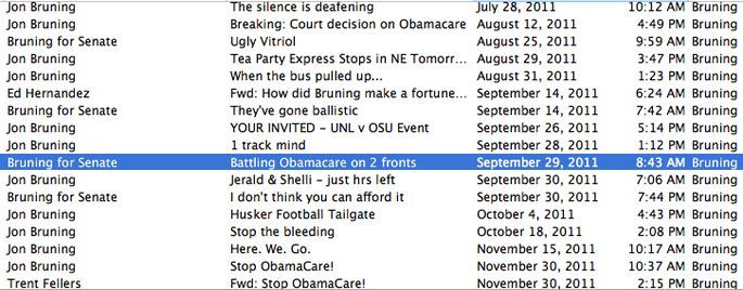 Snapshot of an archive of emails received from the Jon Bruning campaign for US Senate