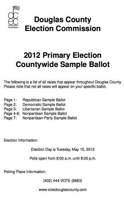 Douglas County Nebraska 2012 Primary Election Countywide Sample Ballot Coversheet
