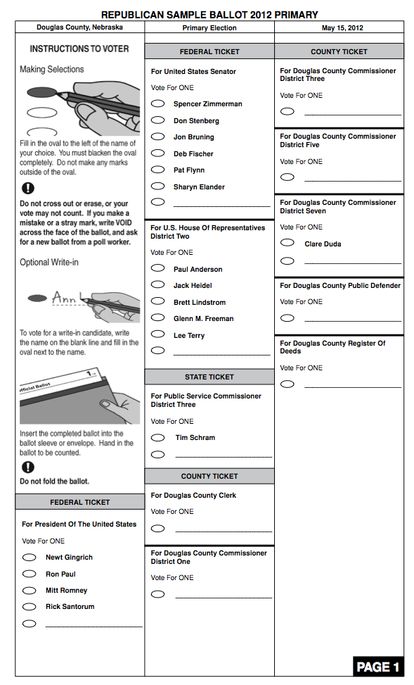 Douglas County Nebraska Primary Election Countywide Sample Ballot Page 1